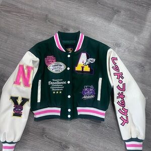 Red Fox Varsity Jacket in Green and White with Pink Details